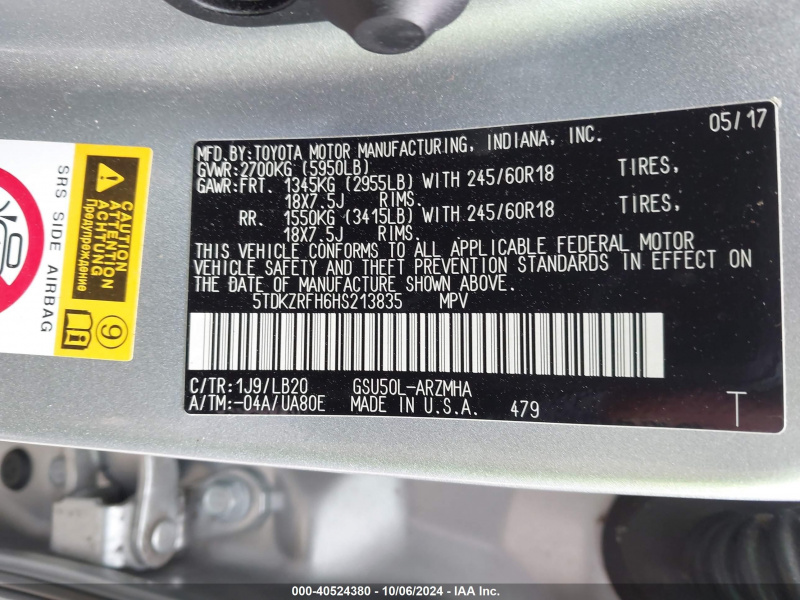 Toyota Highlander Xle 2017 Silver 3.5L