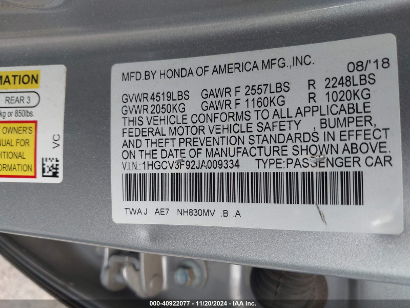 Honda Accord Hybrid Touring 2018 Silver 2.0L
