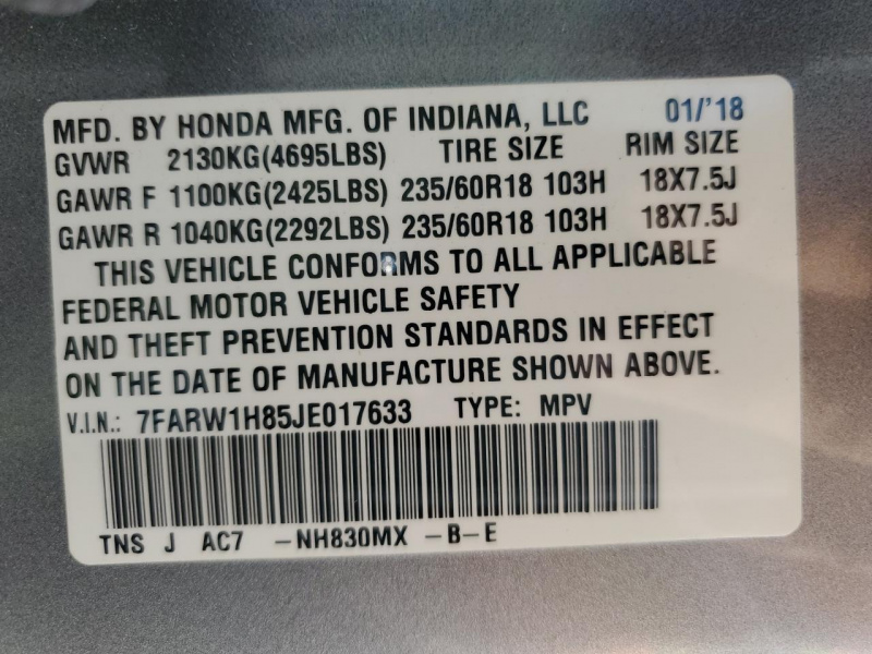 Honda Cr-V Exl 2018 Silver 1.5L