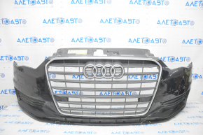 Бампер передний в сборе Audi A3 8V 15-16 под парктроники, черный, с решеткой радиатора, с парктрониками, с накладкой телевизора, с проводкой, прижат