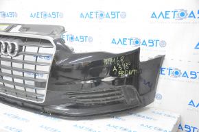 Бампер передний в сборе Audi A3 8V 15-16 под парктроники, черный, с решеткой радиатора, с парктрониками, с накладкой телевизора, с проводкой, прижат
