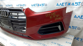 Бампер передний в сборе Audi A5 F5 18-19 под парктроники premium, prestige, с решеткой радиатора, красный, царапины, песок на хроме, слом креп