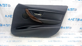 Cartelă de ornamente uși față dreapta BMW 3 F30 12-18 negru, ornamente din lemn, inserție din piele neagră, iluminat din spate, acoperire defectă a mânerului, zgârietură