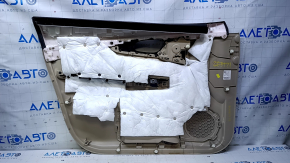 Обшивка двери карточка передняя правая Nissan Rogue 14-16 беж с беж вставкой пластик, подлокотник беж кожа, молдинг графит структура, задиры, вмятины, побелел пластик