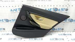 Cartelă de ornamente uși spate dreapta BMW 3 F30 12-18 piele neagră, ornamente abanos, inserție și cotieră piele bej, cu mulaj negru și iluminare din spate, zgârieturi, zgârieturi