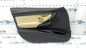 Обшивка двери карточка передняя левая BMW 3 F30 12-18 кожа черная, накладка черное дерево, вставка и подлокотник кожа бежевая, beige/schwarz, с черным молдингом и подсветкой, царапины