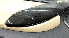 Cartelă de ornamente uși față stânga BMW 3 F30 12-18 piele neagră, ornamente abanos, inserție și cotieră piele bej, cu mulaj negru și iluminare din spate, zgârieturi