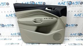 Обшивка двери карточка передняя левая Ford C-max MK2 13-18 бежевая с бежевой вставкой пластик, подлокотник бежевая кожа, трещина в ручке