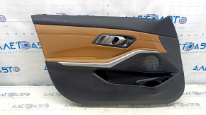 Обшивка двери карточка передняя левая BMW 3 G20 19-21 черная, кожа коричневая COGNAC с строчкой, с хромированной вставкой, с ручкой, под чистку, надрыв