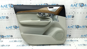 Обшивка двери карточка передняя левая Volvo XC90 16-22 кожа серая с черным, серая строчка, подлокотник и вставка серая кожа, молдинг грецкий орех, Bowers & Wilkins, под память сидений, сломано креплен