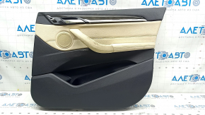 Обшивка двери карточка передняя правая BMW X1 F48 16-22 кожа Dakota бежевая с черным beige/schwarz, подсветка, вставка под дерево, подлокотник бежевая кожа, с ручкой и накладками, потерта ручка, царап
