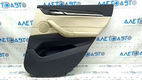 Обшивка двери карточка задняя правая BMW X1 F48 16-22 кожа Dakota бежевая с черным beige/schwarz, подсветка, вставка под дерево, подлокотник бежевая кожа, с ручкой и накладками, царапины, под чистку