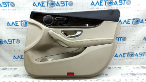 Обшивка двери карточка передняя правая Mercedes C-class W205 15-18 кожа бежевая, вставка под дерево, подлокотник кожа бежевая, верх черный, с ручкой и накладками, под чистку