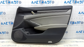 Обшивка двери карточка передняя правая Honda Accord 18-22 черная с серой вставкой кожа, подлокотник серая кожа, вставка под дерево,с ручкой, царапина