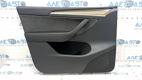 Обшивка двери карточка передняя левая Tesla Model Y 20-25 кожа черная, молдинг под дерево, вставка алькантара, с управлением стеклоподъемником и кнопкой открытия двери, накладки черный мат, царапины р