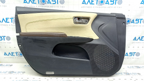 Обшивка двери карточка передняя левая Toyota Avalon 13-15 черная c бежевой вставкой кожа, подлокотник коричневый кожа, с ручкой, царапины
