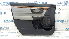 Обшивка двери карточка передняя левая Honda CRV 17-22 черно-серая, подлокотник и вставка серая кожа, молдинг под дерево, под память сидений, с ручкой, царапины