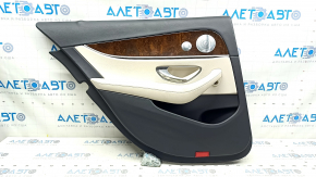 Garnitura portiera spate stanga Mercedes W213 E 17-23 piele bej, top piele neagra, cotiera piele bej, fara perdea, insert din lemn, Burmester, cu suprapuneri si maner, rupturi
