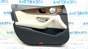 Garnitura portiere fata stanga Mercedes W213 E 17-23 piele bej, blat piele neagra, cotiera piele bej, fara perdea, insert lemn, Burmester, cu suprapuneri si maner, cap