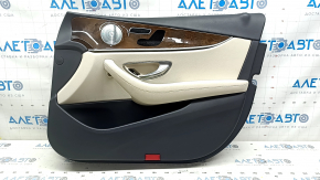 Cartela tapiterie usi fata dreapta Mercedes W213 E 17-23 piele bej, blat piele maro, fara perdea, insert lemn, Burmester, rupturi, lovituri, zgarieturi, necesita curatare