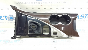 Накладка центральной консоли с подстаканниками Infiniti Q50 17-20 под дерево, черный глянец, с карманом, с чехлом, царапины