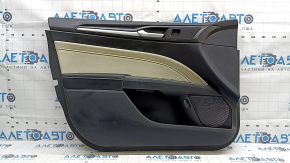 Обшивка двери карточка передняя левая Ford Fusion mk5 17-20 titanium, черная с серой вставкой кожа, подлокотник кожа, молдинг серый структура, под память сидения, под чистку