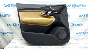 Garnitura portiera fata stanga Volvo XC90 16-22 piele neagra, piele insert bej, piele bej cotiera, fara perdea, cu ornamente din lemn, zgarieturi, pentru curatare