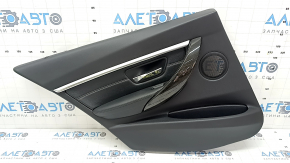 Ornamente ușă spate stânga complete BMW 3 F30 12-18 negru, cotiera și inserție piele neagră, cusături gri, bandaj cromat, placaj sub lemn închis, cu iluminare din spate