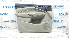Обшивка двери карточка передняя левая Ford C-max MK2 13-18 бежевая с бежевой вставкой пластик, подлокотник бежевая кожа, с ручкой, с накладкой управления стеклоподъемника, царапины