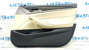 Обшивка двери карточка передняя правая BMW 5 G30 17-20 кожа бежевая canberra beige, вставка под темное дерево, подлокотник бежевая кожа, с ручкой, с сеткой под динамик, царапины, под чистку
