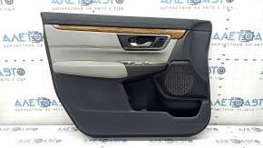 Обшивка двери карточка передняя левая Honda CRV 17-22 черная, подлокотник серая кожа, вставка серая кожа, молдинг под дерево, под память сидений, с ручкой, потерта, под чистку