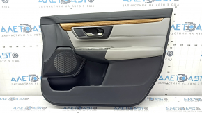 Обшивка двери карточка передняя правая Honda CRV 17-22 черная, подлокотник серая кожа, вставка серая кожа, молдинг под дерево, с ручкой, под чистку