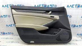 Обшивка двери карточка передняя левая Honda Accord 19-22 под память, черно-серая, подлокотник серая кожа, вставка под дерево, с ручкой, царапины, под чистку, вмятина