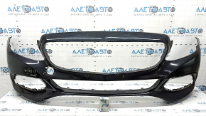 Бампер передний голый Mercedes C-class W205 300/350e/350h/400 15-18 без парктроников, черный, после ремонта, сломаны крепления, царапины, вмятины, трещина