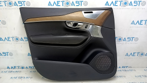 Обшивка двери карточка передняя левая Volvo XC90 16-22 кожа черная, подлокотник и вставка черная кожа наппа, молдинг грецкий орех, Bowers & Wilkins, царапины, сломано крепление, примята, полез хром на