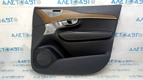 Ornamente ușă față dreapta Volvo XC90 16-22 piele neagră, cotiera și inserție piele nappa neagră, ornament din nuc, Bowers & Wilkins, zgârieturi, fixare ruptă, cromul de pe mâner se exfoliază