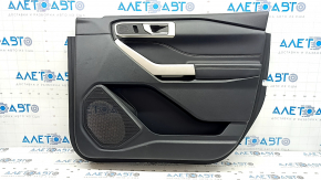 Обшивка двери карточка передняя правая Ford Explorer 21-25 кожа черная, XLT, подлокотник кожа черная, вставка хром, с ручкой, царапины