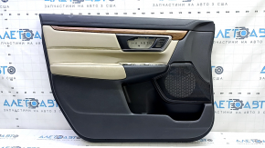Обшивка двери карточка передняя левая Honda CRV 17-22 черная, вставка бежевая кожа, подлокотник бежевая кожа, молдинг под дерево, под память сидений, под химчистку