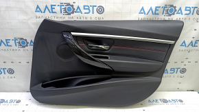 Обшивка двери карточка передняя правая в сборе BMW 3 F30 12-18 черная, подлокотник и вставка кожа черная, красная строчка, хром молдинг, накладка под темное дерево, с подсветкой, под чистку, тычки