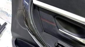 Обшивка двери карточка задняя правая в сборе BMW 3 F30 12-18 черная, подлокотник и вставка кожа черная, красная строчка, хром молдинг, накладка под темное дерево, с подсветкой, под чистку, надломаны к