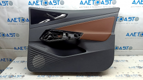 Обшивка двери карточка передняя правая Volkswagen ID.4 21-22 черная, коричневый подлокотник кожа, вставка черный глянец, с ручкой, царапины