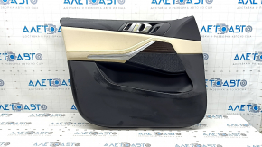 Обшивка двери карточка передняя левая BMW X5 G05 19-23 кожа schwarz/Canberra-Beige, вставка под дерево Fineline Stripe, подлокотник кожа бежевая, с ручкой и накладками, с подсветкой, пятна, царапины