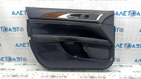Обшивка двери карточка передняя левая Lincoln MKZ 17-20 черная с черной вставкой кожа, подлокотник черная кожа, вставка коричневое дерево глянец, с подсветкой, с ручкой, царапины, надрывы, замята