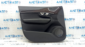 Panou decorativ ușă față stânga Volvo XC90 16-22 piele neagră, inserție din lemn, element de fixare rupt, zgârieturi