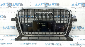 Решетка радиатора grill Audi Q5 8R 13-17 рест, без парктроников, глянец, хром, с эмблемой quattro, незаводские отверстия