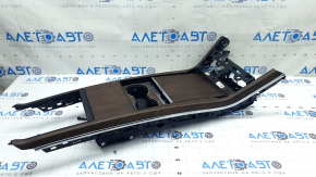 Накладка центральной консоли верхняя Tesla Model X 22-26 под дерево, с подстаканниками, с карманом, хром молдинг, царапины, под чистку