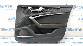 Ornamente ușă față dreapta complete Audi A6 C8 19-21 gri închis pentru cortină și memorie, inserție Alcantara neagră, cotieră piele maro, partea superioară piele gri închis, ornament cromat cu ilumina