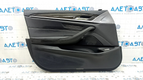 Обшивка двери карточка передняя левая в сборе BMW 5 G30 17-23 кожа черная, Sensatec, подлокотник и вставка кожа черная, молдинг под дерево глянец, под память, с ручкой, царапины, дефект подлокотника
