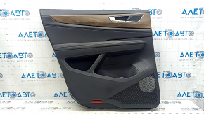 Обшивка двери карточка задняя левая VW Atlas 24-26 черная, черная кожа с белой строчкой, без шторки, вставка под дерево, хром, подлокотник кожа черная, с подсветкой, с ручкой, с накладками, царапина,