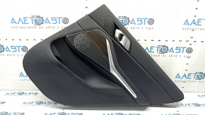 Panou decorativ ușă spate dreapta BMW X5 G05 19-22 piele neagră fără cortină, inserție din lemn Fineline Stripe, cotieră din piele bej, cu mâner și suprapuneri, bare de protecție